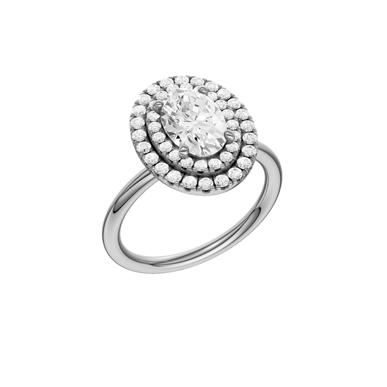 A three-quarter view of the Oval cut diamond engagement ring in 14k white gold with a plain band and solitaire setting