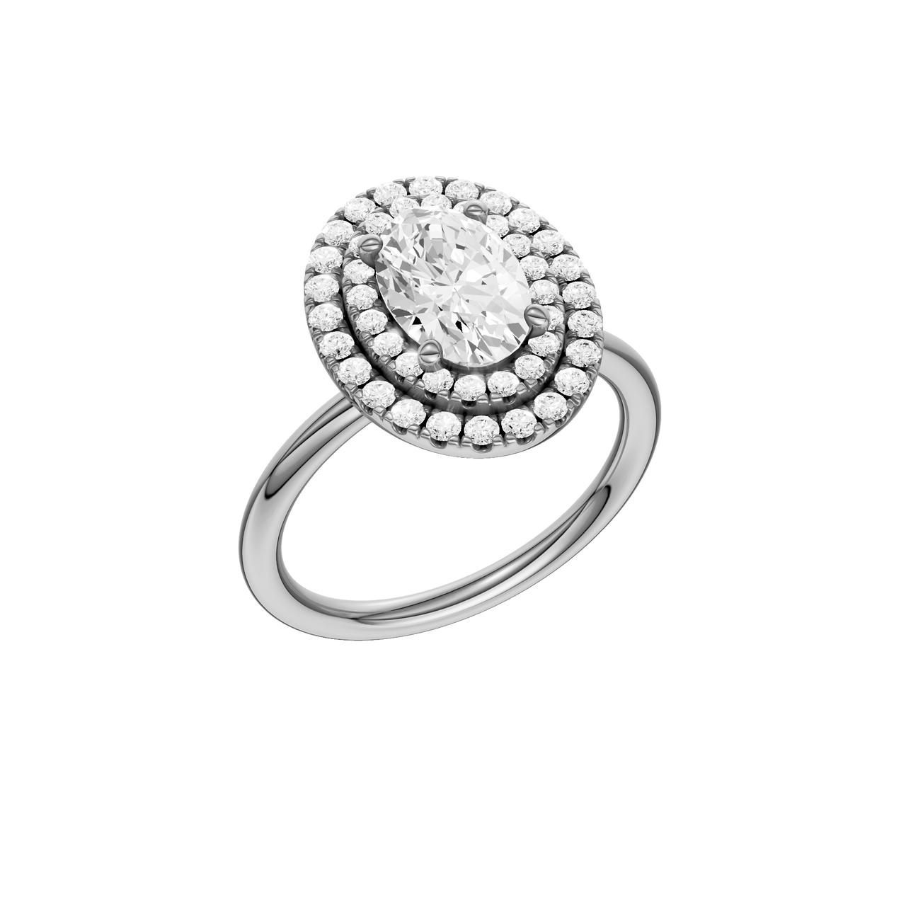 A three-quarter view of the Oval cut diamond engagement ring in platinum with a plain band and solitaire setting