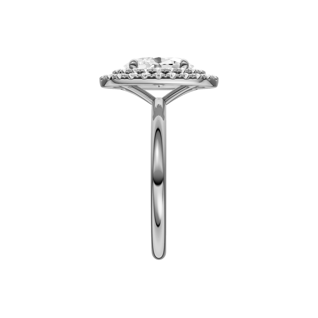 A side view of the Oval cut diamond engagement ring in platinum with a plain band and solitaire setting