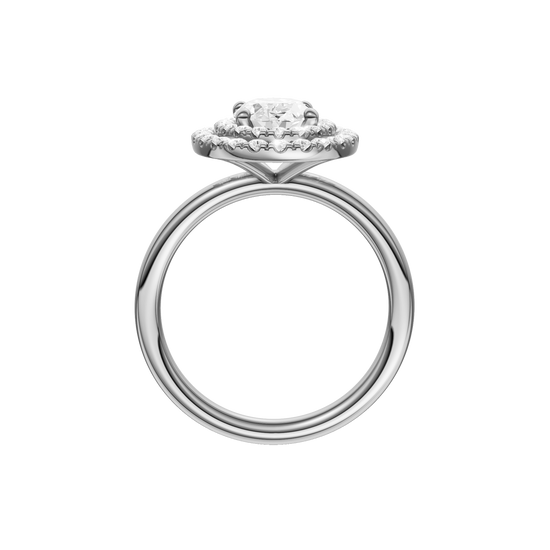 A profile view of the Oval cut diamond engagement ring in 14k white gold with a plain band and solitaire setting