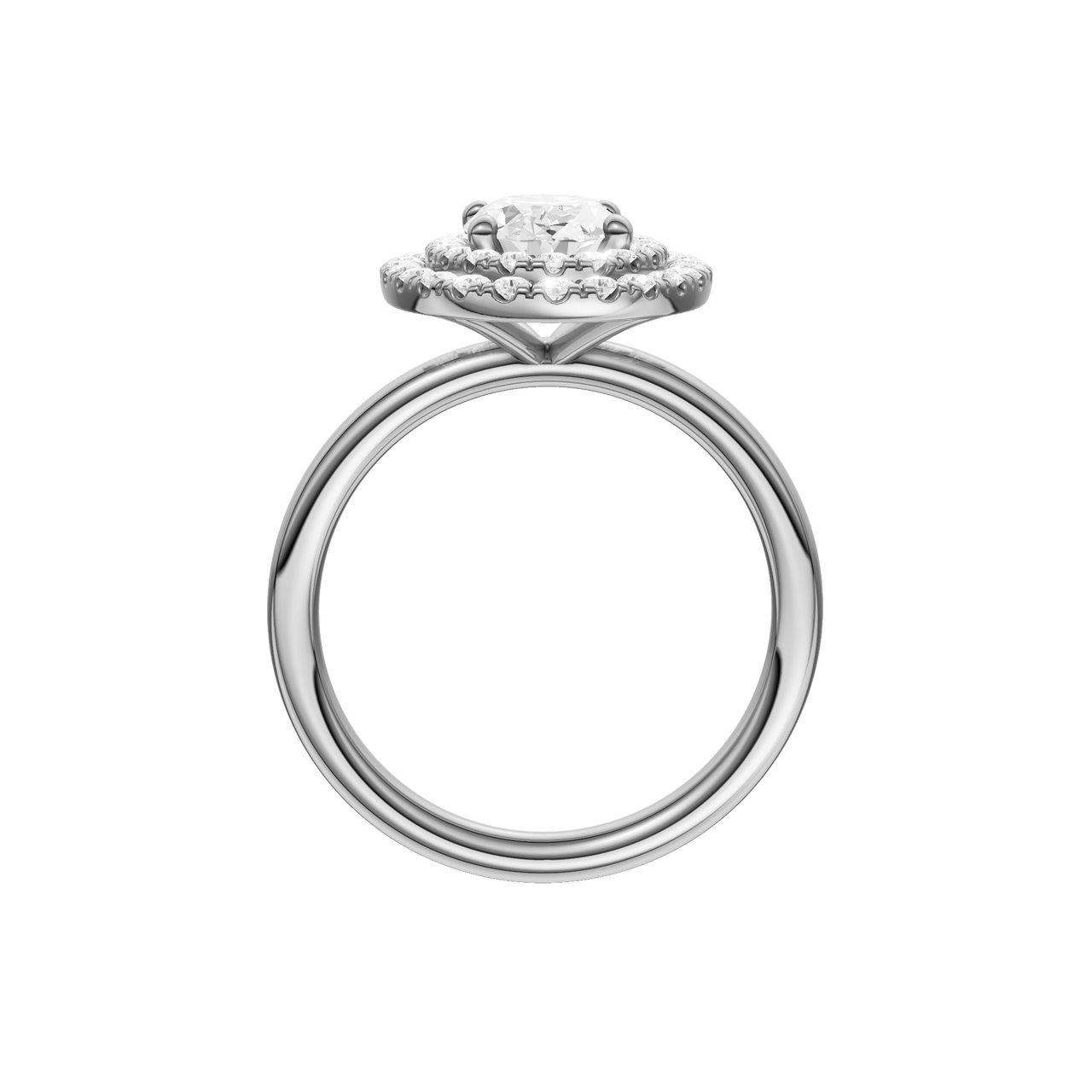 A profile view of the Oval cut diamond engagement ring in platinum with a plain band and solitaire setting