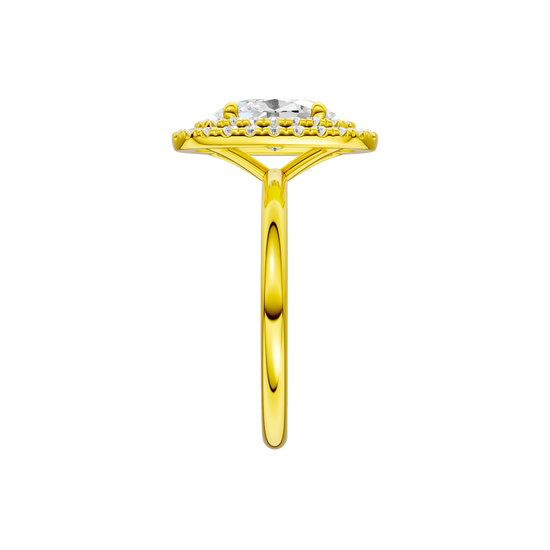A side view of the Oval cut diamond engagement ring in 14k yellow gold with a plain band and solitaire setting