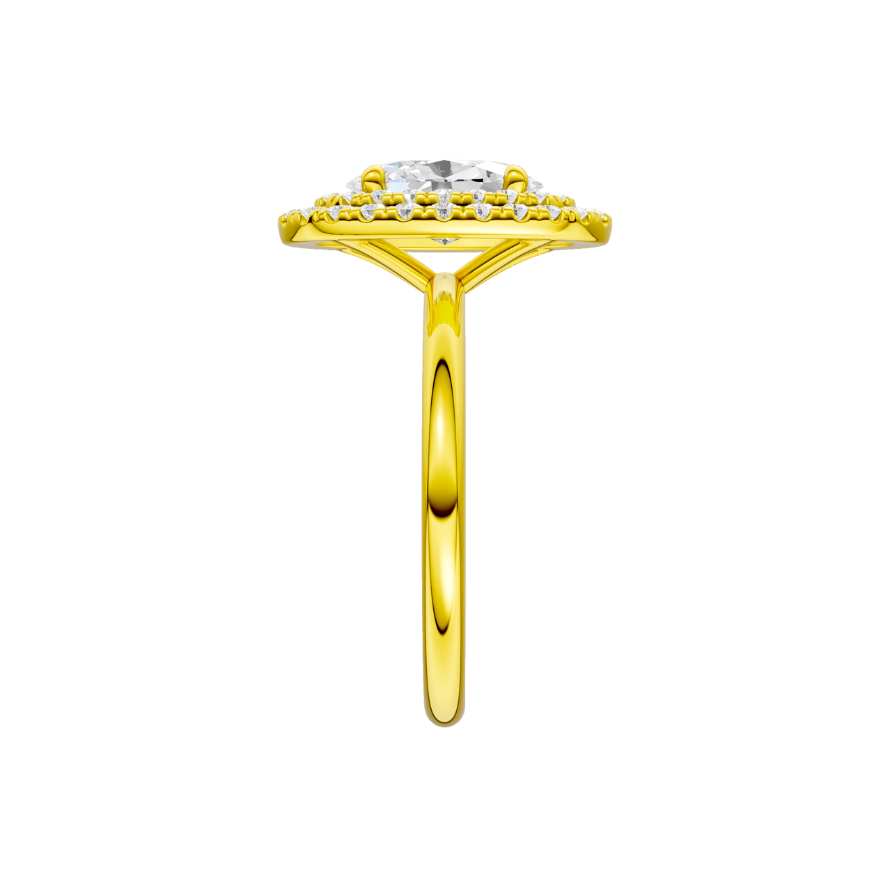 A side view of the Oval cut diamond engagement ring in 14k yellow gold with a plain band and solitaire setting