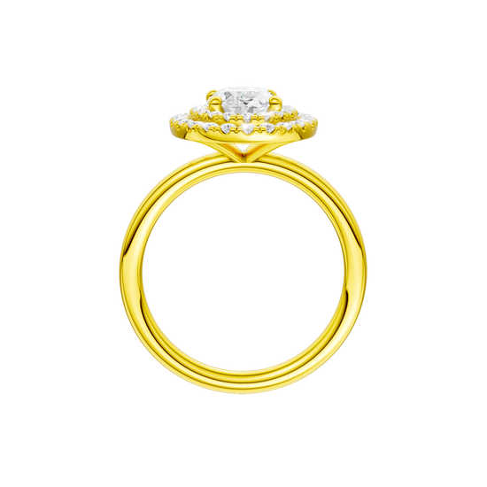A profile view of the Oval cut diamond engagement ring in 14k yellow gold with a plain band and solitaire setting