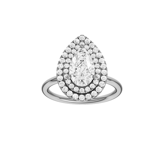 A front view of the Pear cut diamond engagement ring in 14k white gold with a plain band and solitaire setting