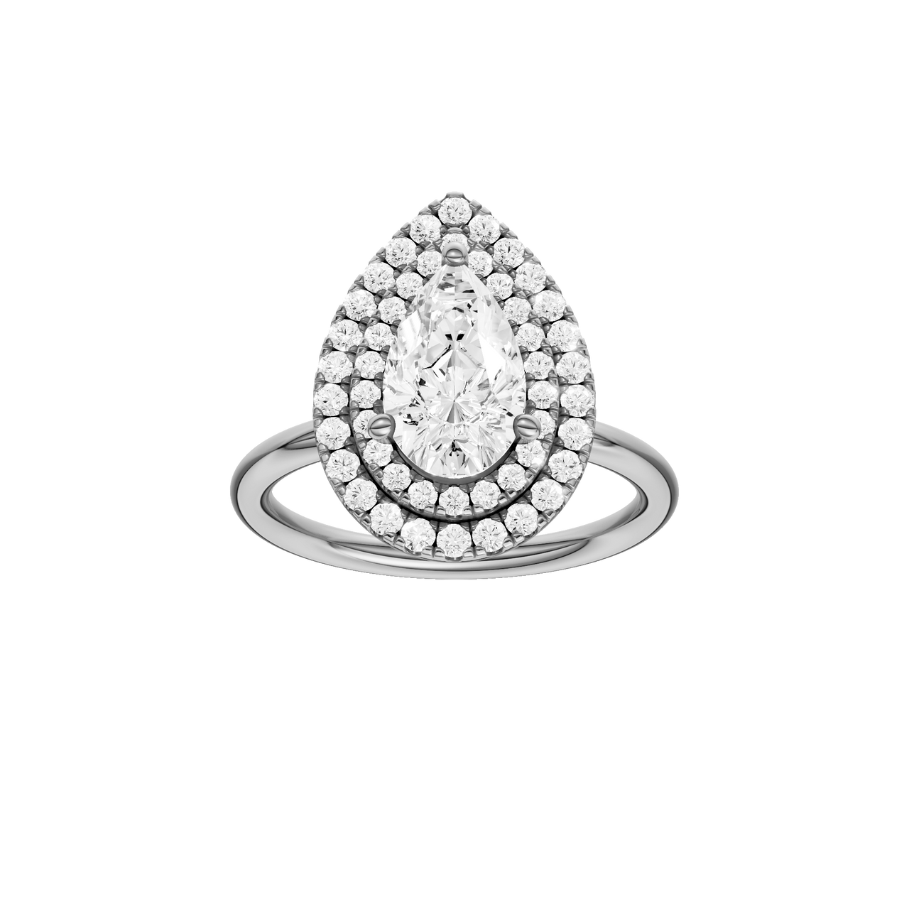 A front view of the Pear cut diamond engagement ring in 14k white gold with a plain band and solitaire setting
