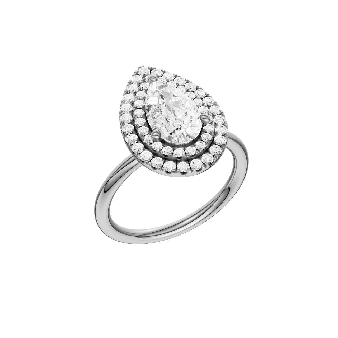 A three-quarter view of the Pear cut diamond engagement ring in platinum with a plain band and solitaire setting