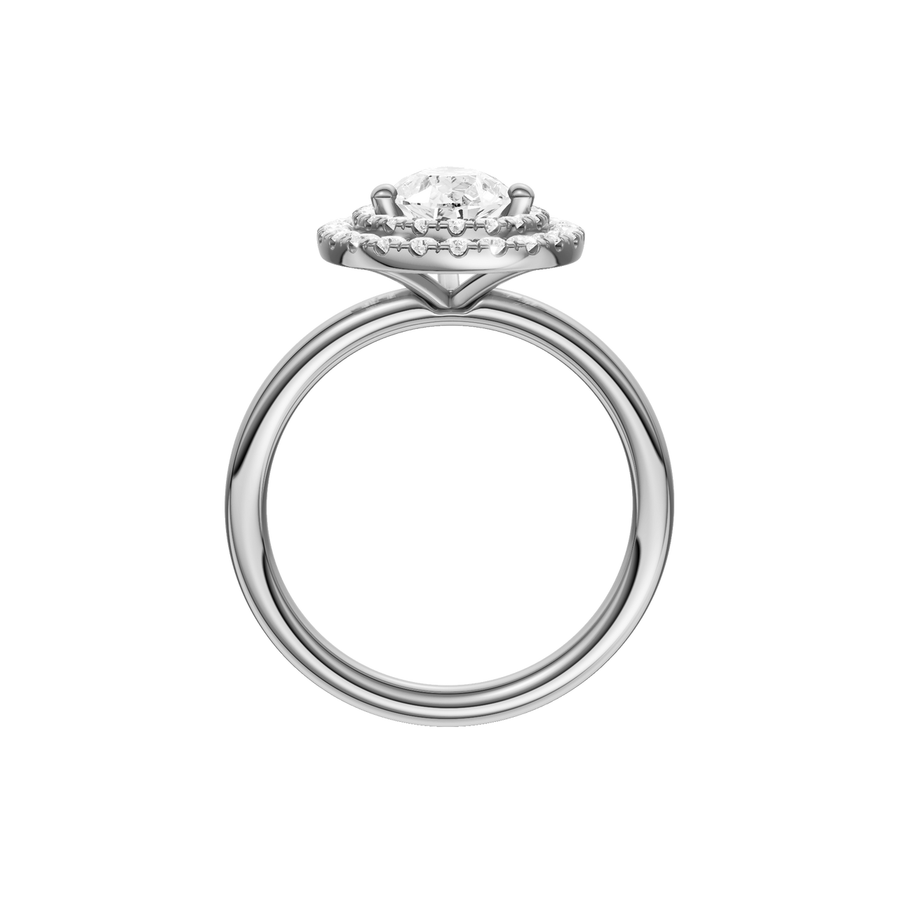 A profile view of the Pear cut diamond engagement ring in platinum with a plain band and solitaire setting
