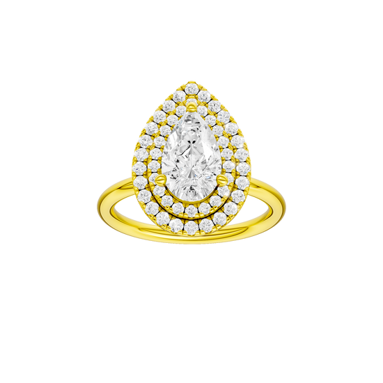 A front view of the Pear cut diamond engagement ring in 14k yellow gold with a plain band and solitaire setting