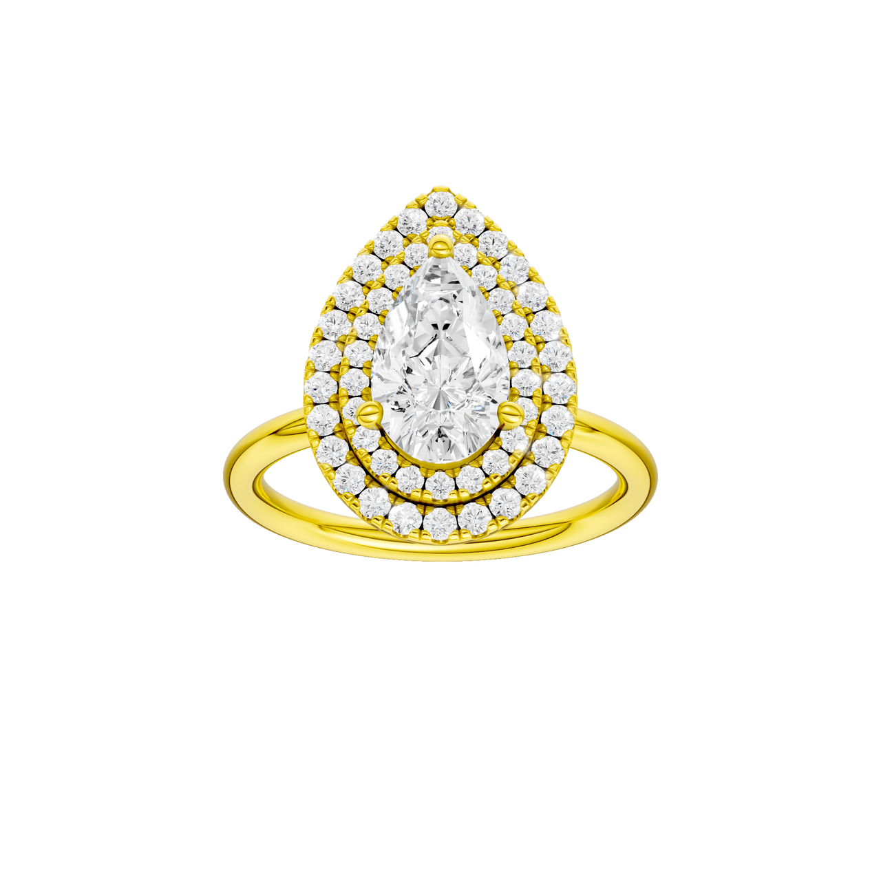 A front view of the Pear cut diamond engagement ring in 14k yellow gold with a plain band and solitaire setting