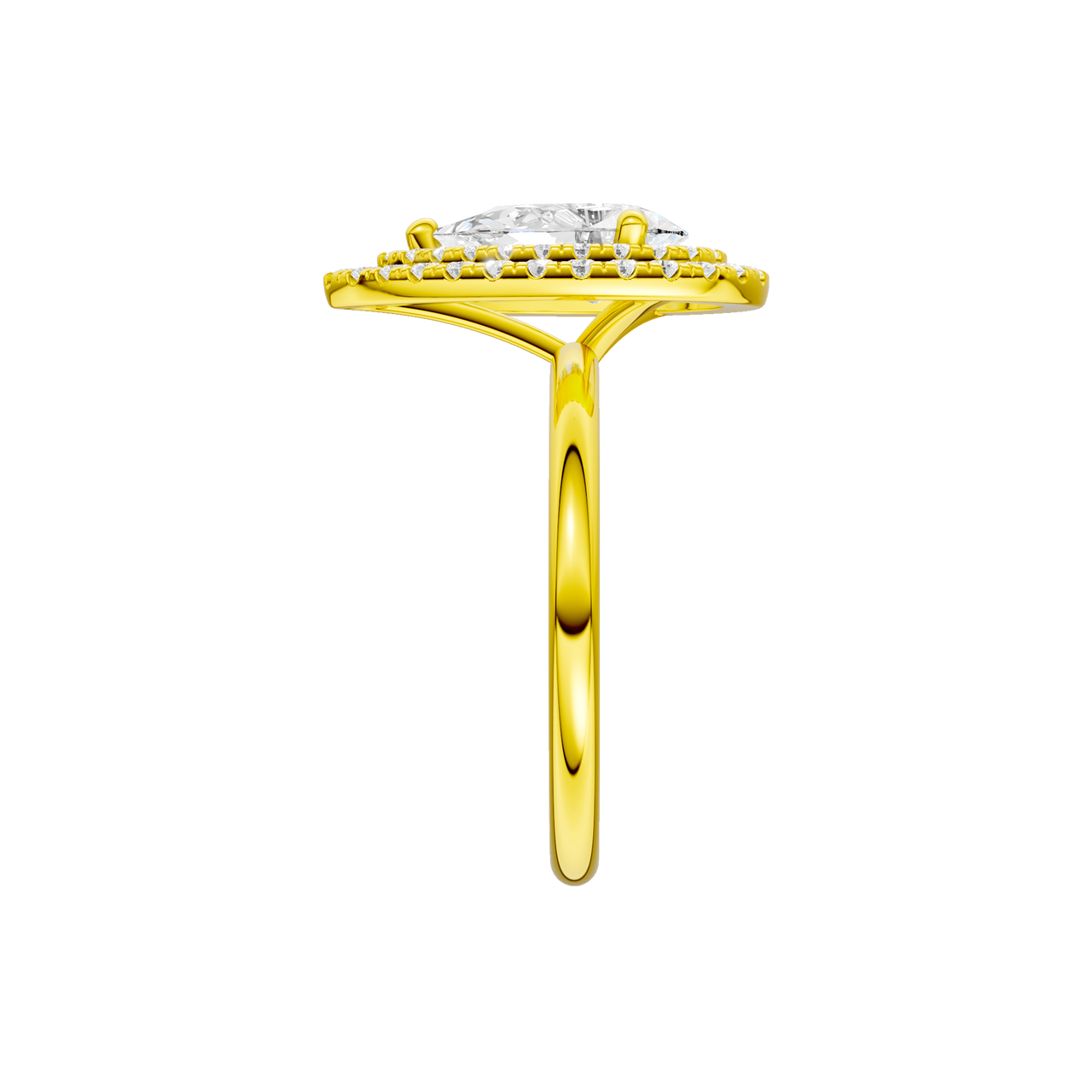 A side view of the Pear cut diamond engagement ring in 14k yellow gold with a plain band and solitaire setting