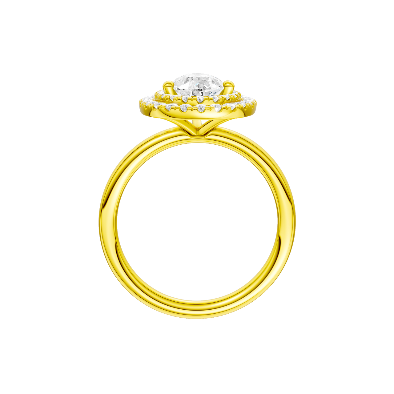 A profile view of the Pear cut diamond engagement ring in 14k yellow gold with a plain band and solitaire setting