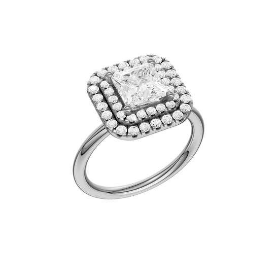 A three-quarter view of the Princess cut diamond engagement ring in 14k white gold with a plain band and solitaire setting