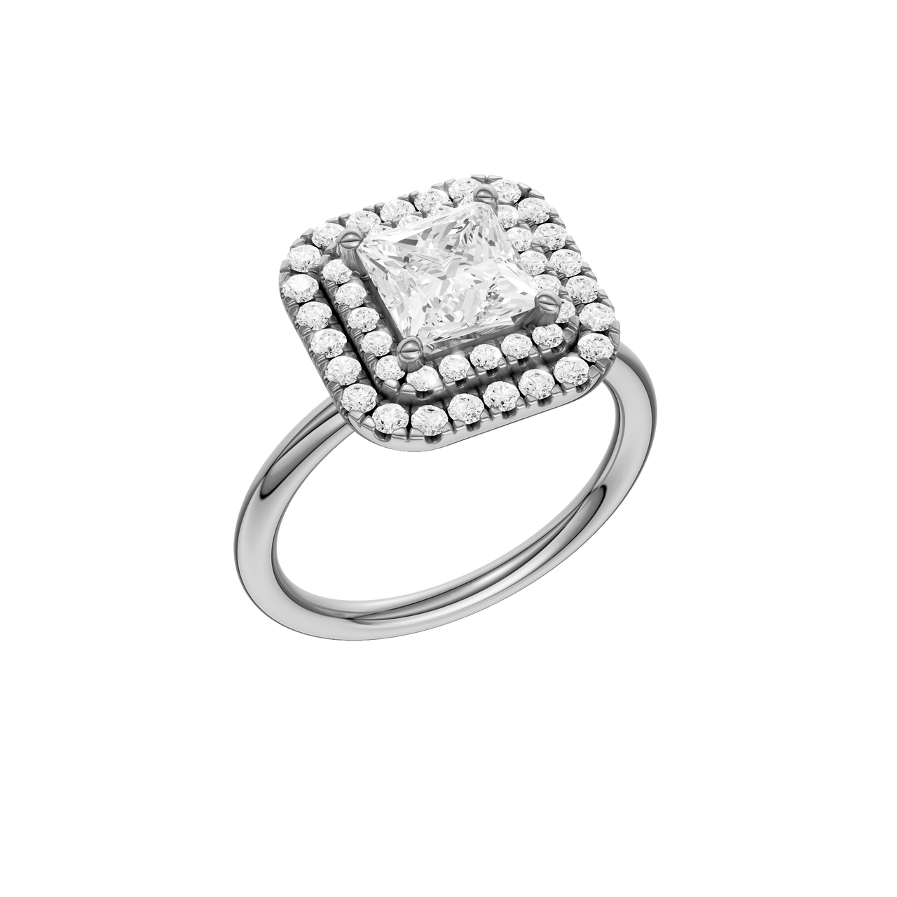 A three-quarter view of the Princess cut diamond engagement ring in 14k white gold with a plain band and solitaire setting