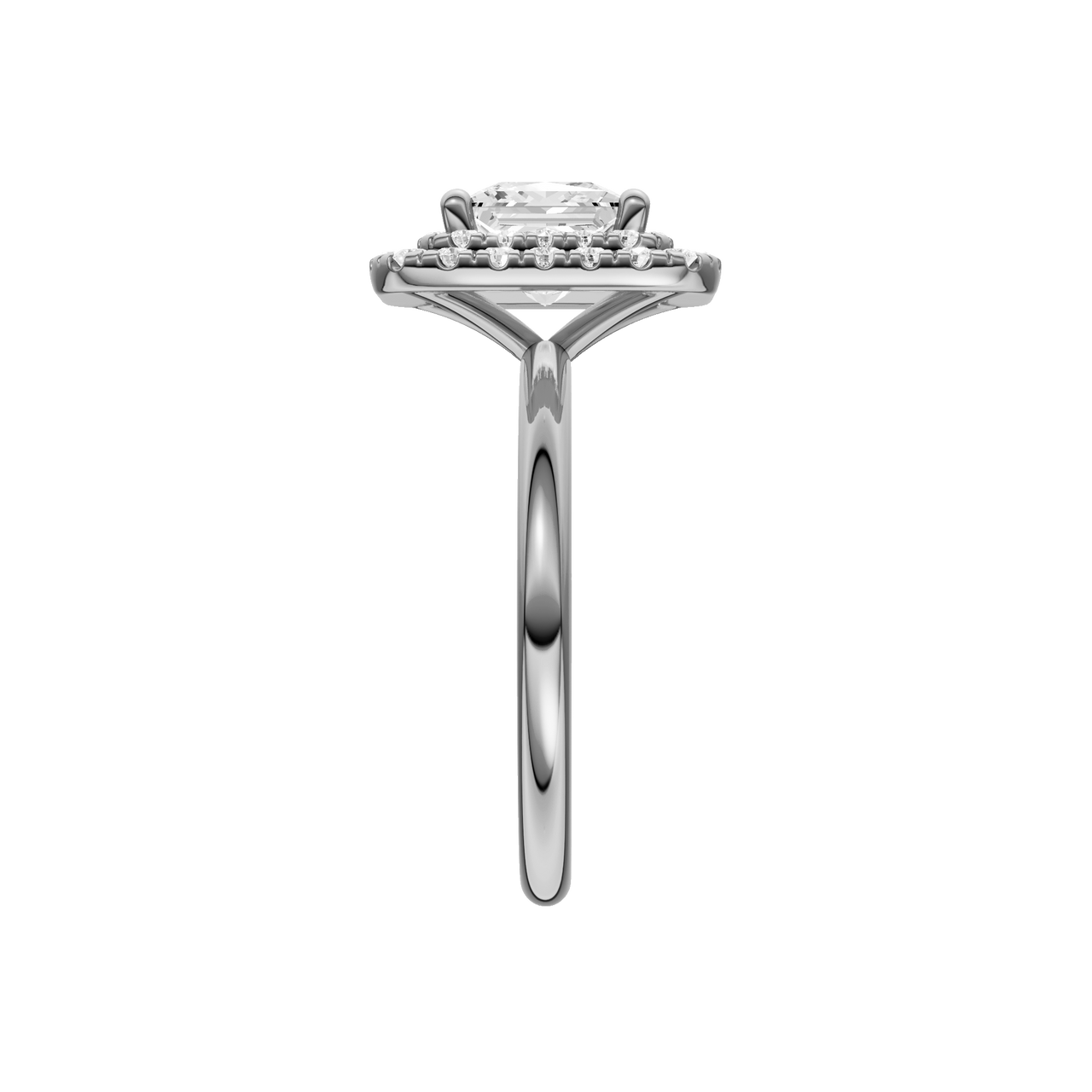 A side view of the Princess cut diamond engagement ring in platinum  with a plain band and solitaire setting