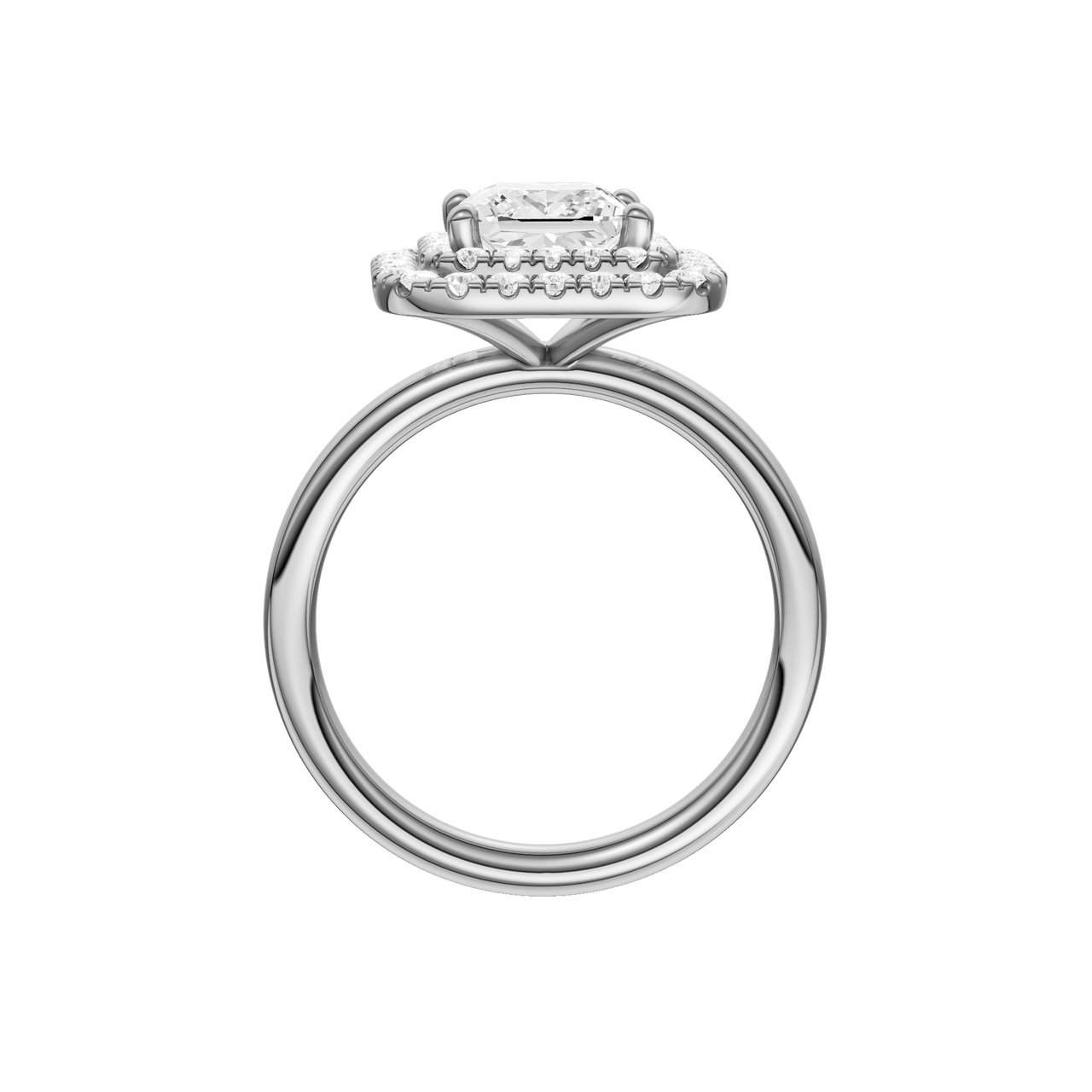 A profile view of the Princess cut diamond engagement ring in platinum  with a plain band and solitaire setting