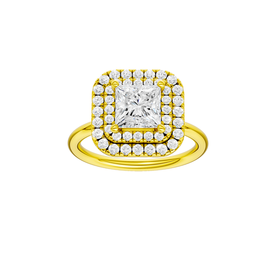 A front view of the Princess cut diamond engagement ring in 14k yellow gold with a plain band and solitaire setting