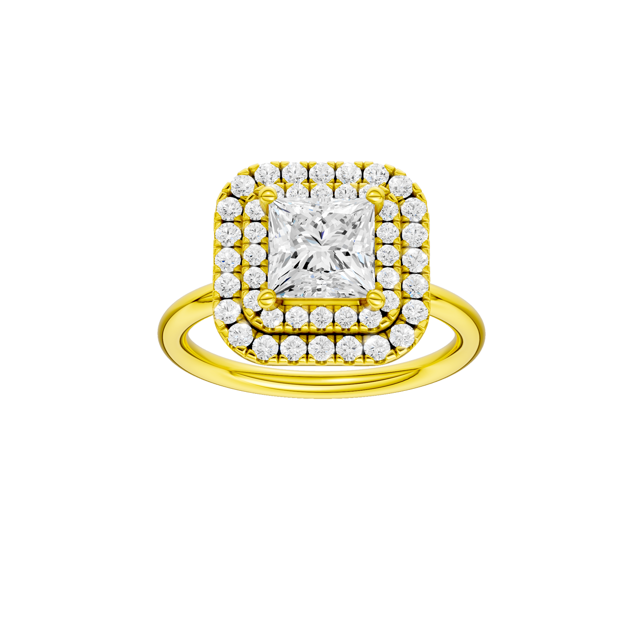 A front view of the Princess cut diamond engagement ring in 14k yellow gold with a plain band and solitaire setting