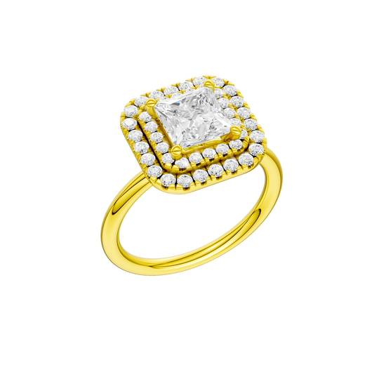 A three-quarter view of the Princess cut diamond engagement ring in 14k yellow gold with a plain band and solitaire setting