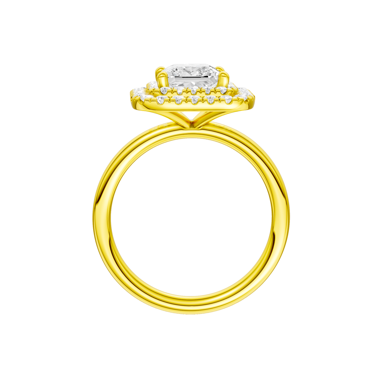 A profile view of the Princess cut diamond engagement ring in 14k yellow gold with a plain band and solitaire setting