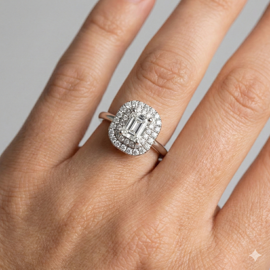 Radiant cut diamond engagement ring in 14k white gold with a plain band and solitaire setting on a hand