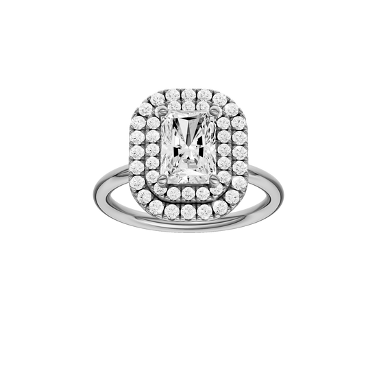 A front view of the Radiant cut diamond engagement ring in platinum  with a plain band and solitaire setting