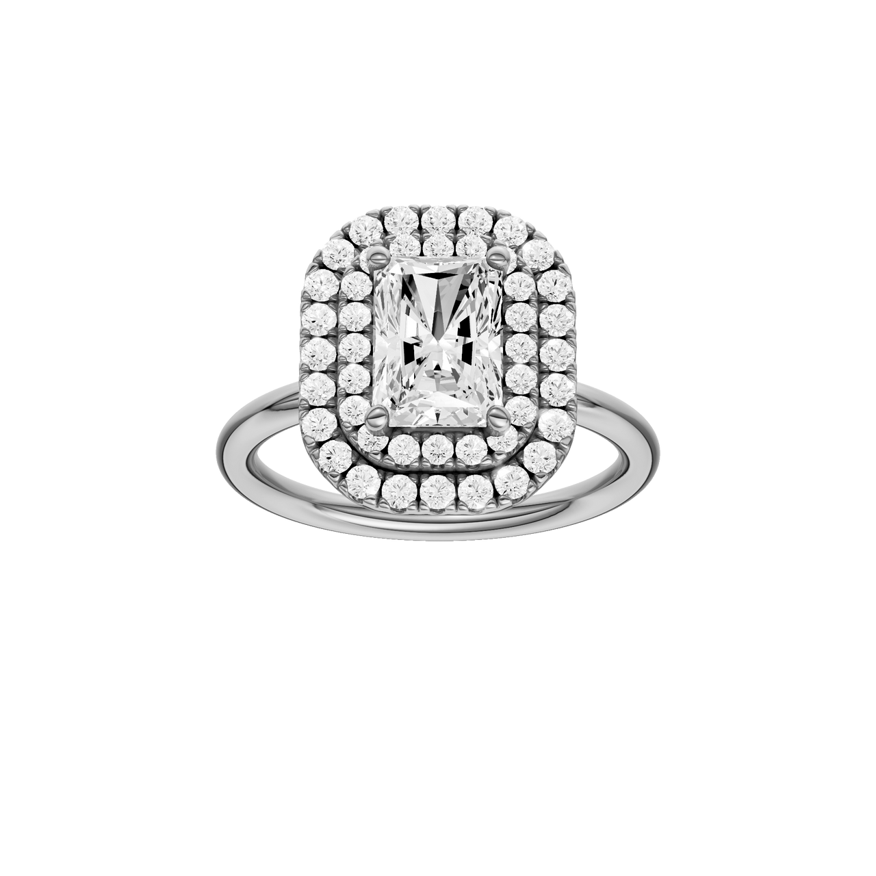 A front view of the Radiant cut diamond engagement ring in 14k white gold with a plain band and solitaire setting