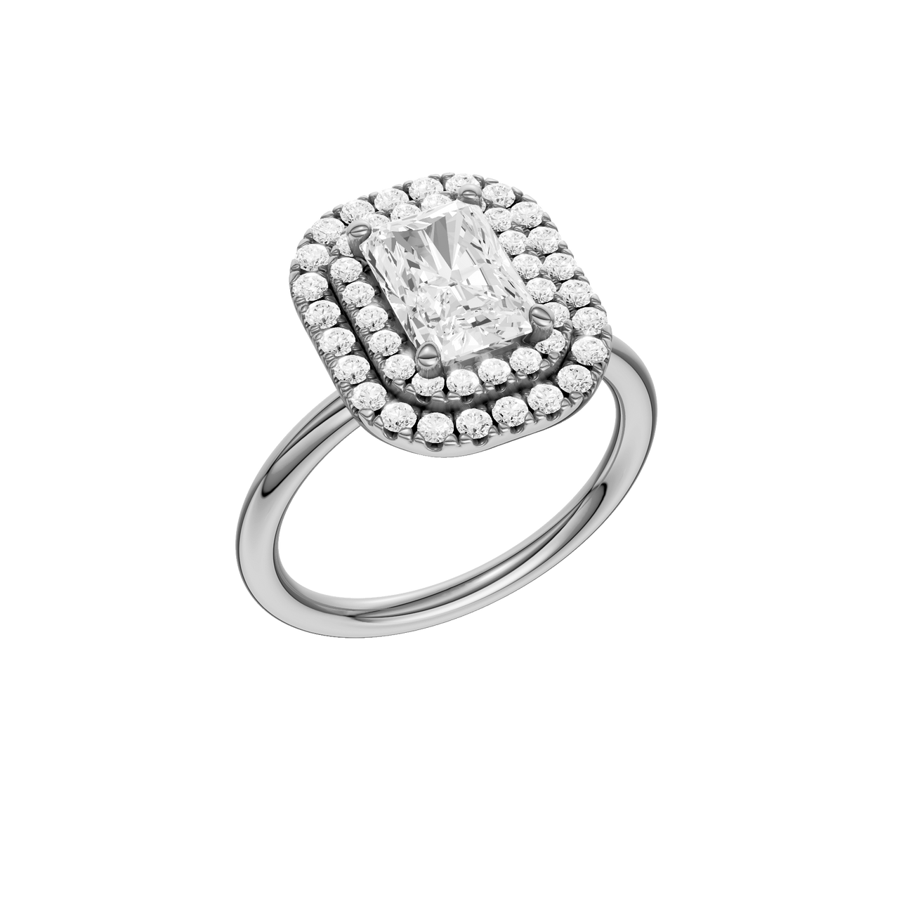 A three-quarter view of the Radiant cut diamond engagement ring in platinum  with a plain band and solitaire setting