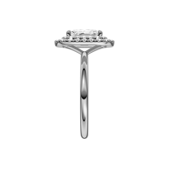 A side view of the Radiant cut diamond engagement ring in 14k white gold with a plain band and solitaire setting