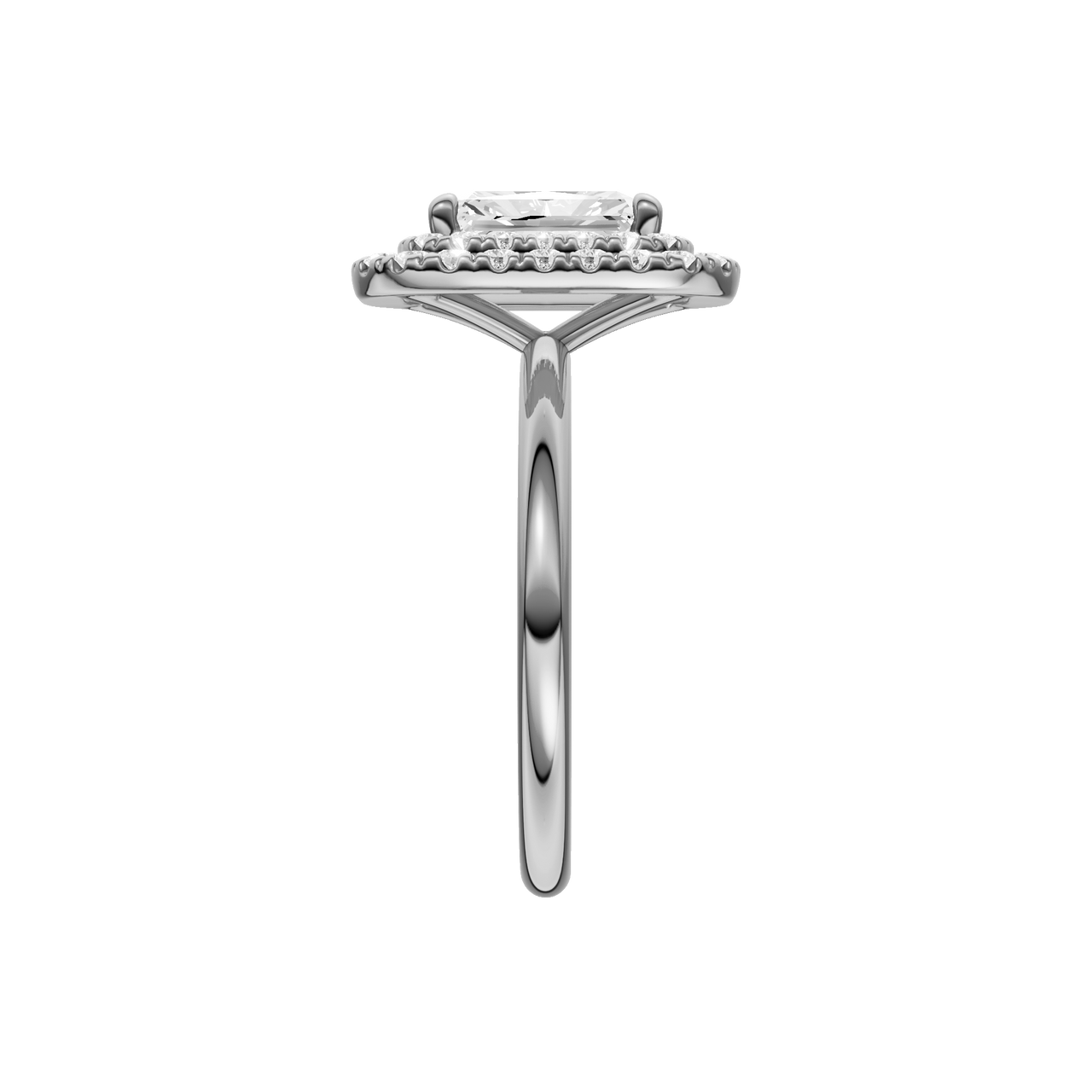 A side view of the Radiant cut diamond engagement ring in 14k white gold with a plain band and solitaire setting