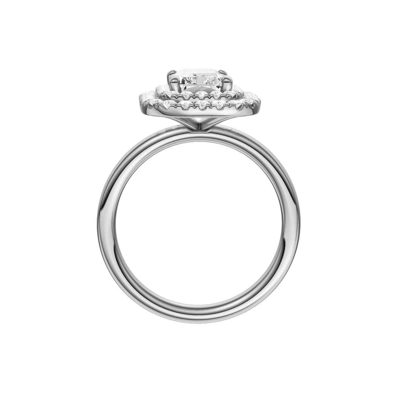 A profile view of the Radiant cut diamond engagement ring in platinum  with a plain band and solitaire setting