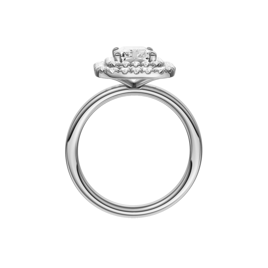 A profile view of the Radiant cut diamond engagement ring in 14k white gold with a plain band and solitaire setting