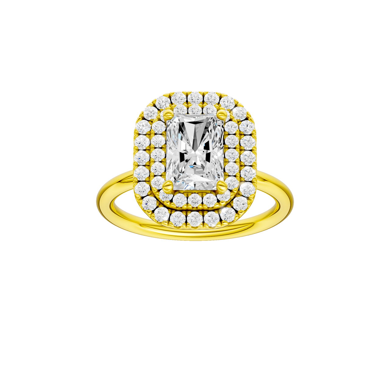 A front view of the Radiant cut diamond engagement ring in 14k yellow gold with a plain band and solitaire setting