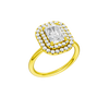 A three-quarter view of the Radiant cut diamond engagement ring in 14k yellow gold with a plain band and solitaire setting