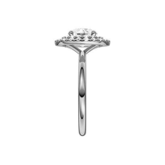 A side view of the Round cut diamond engagement ring in platinum with a plain band and solitaire setting