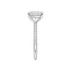 A side view of the Elongated Cushion cut diamond engagement ring in 14k white gold with a pavé diamond band and cathedral setting