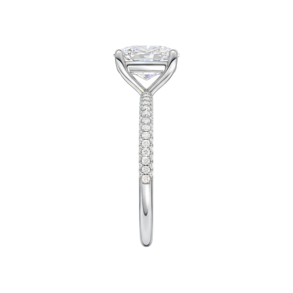 A side view of the Elongated Cushion cut diamond engagement ring in 14k white gold with a pavé diamond band and cathedral setting