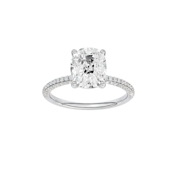 A front view of the Elongated Cushion cut diamond engagement ring in 14k white gold with a pavé diamond band and cathedral setting
