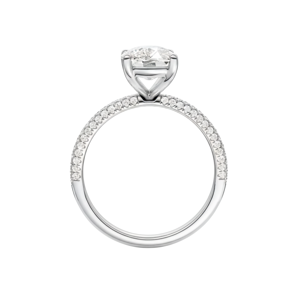 A profile view of the Elongated Cushion cut diamond engagement ring in 14k white gold with a pavé diamond band and cathedral setting