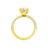 A profile view of the Elongated Cushion cut diamond engagement ring in 14k yellow gold with a pavé diamond band and cathedral setting