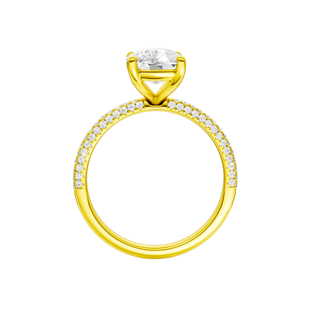 A profile view of the Elongated Cushion cut diamond engagement ring in 14k yellow gold with a pavé diamond band and cathedral setting