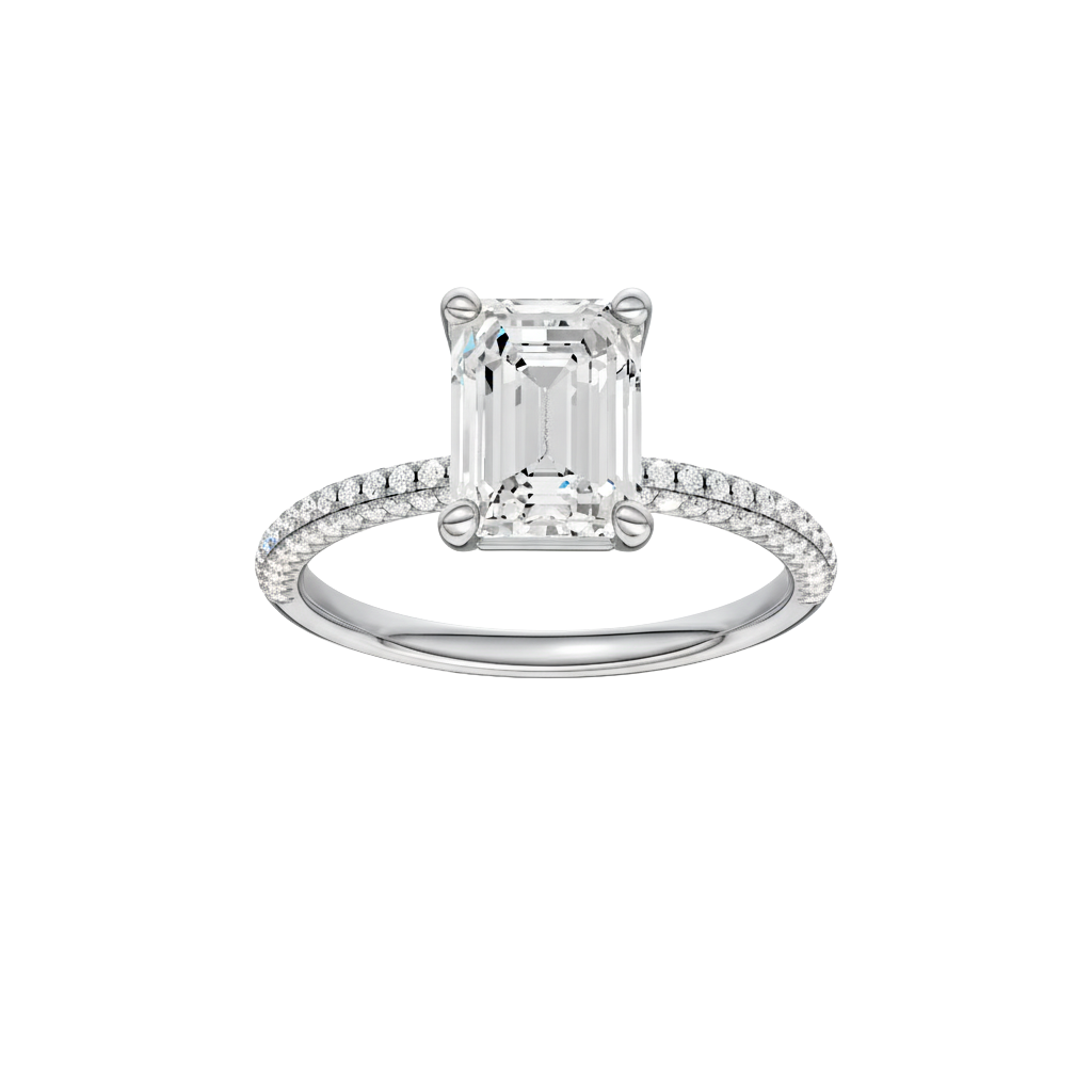A front view of the Emerald cut diamond engagement ring in platinum with a pavé diamond band and cathedral setting