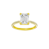 A front view of the Emerald cut diamond engagement ring in 14k yellow gold with a pavé diamond band and cathedral setting