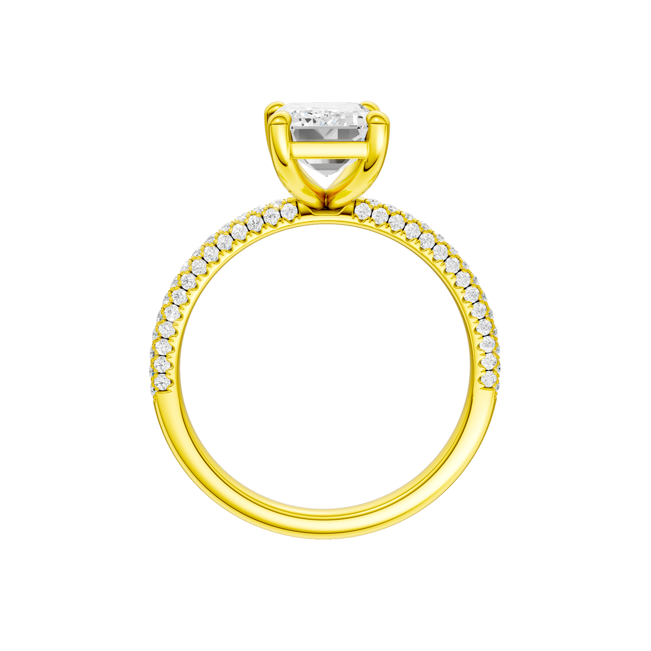 A profile view of the Emerald cut diamond engagement ring in 14k yellow gold with a pavé diamond band and cathedral setting