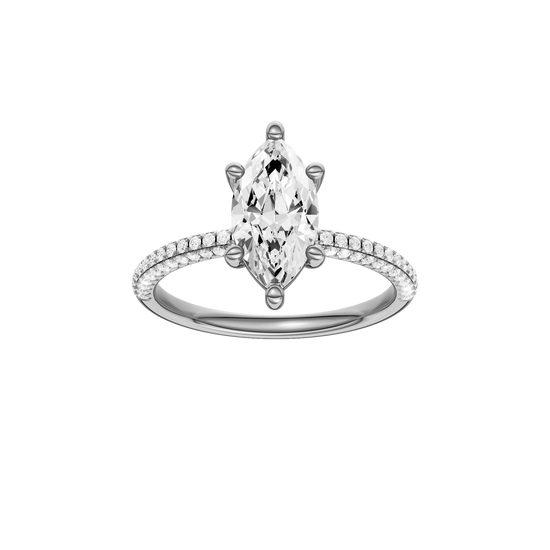 A front view of the Marquise cut diamond engagement ring in platinum with a pavé diamond band and cathedral setting