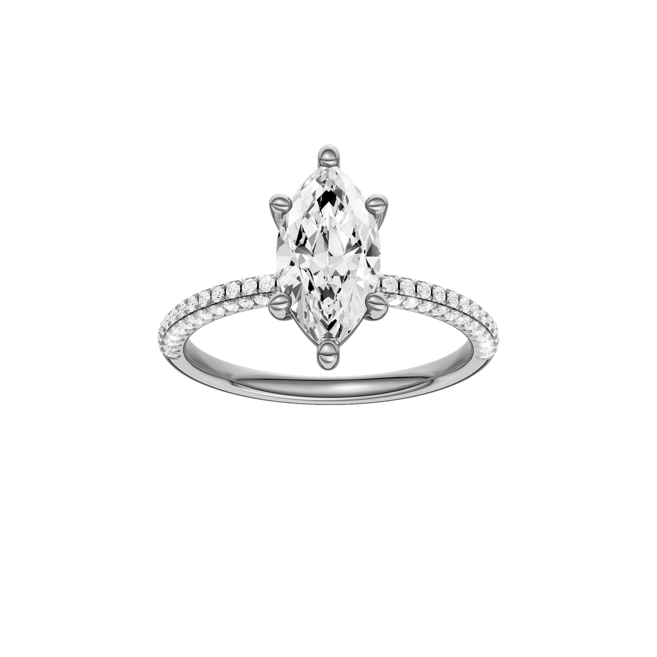 A front view of the Marquise cut diamond engagement ring in 14k white gold with a pavé diamond band and cathedral setting