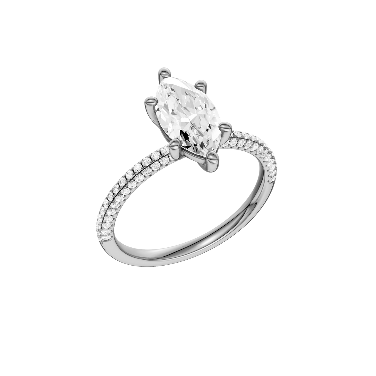 A three-quarter view of the Marquise cut diamond engagement ring in platinum with a pavé diamond band and cathedral setting