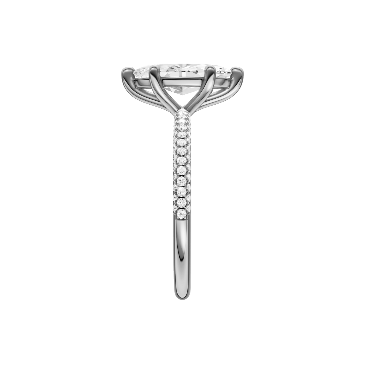 A side view of the Marquise cut diamond engagement ring in platinum with a pavé diamond band and cathedral setting