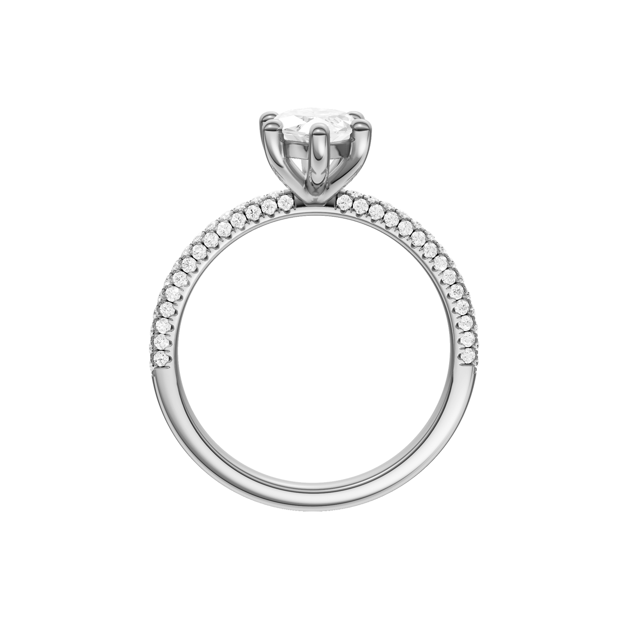 A profile view of the Marquise cut diamond engagement ring in 14k white gold with a pavé diamond band and cathedral setting