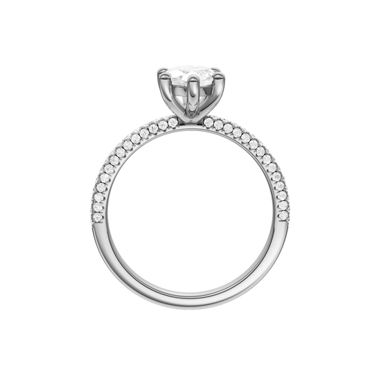 A profile view of the Marquise cut diamond engagement ring in platinum with a pavé diamond band and cathedral setting